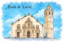 Postal iglesia-campanario Alcalá de Xivert día